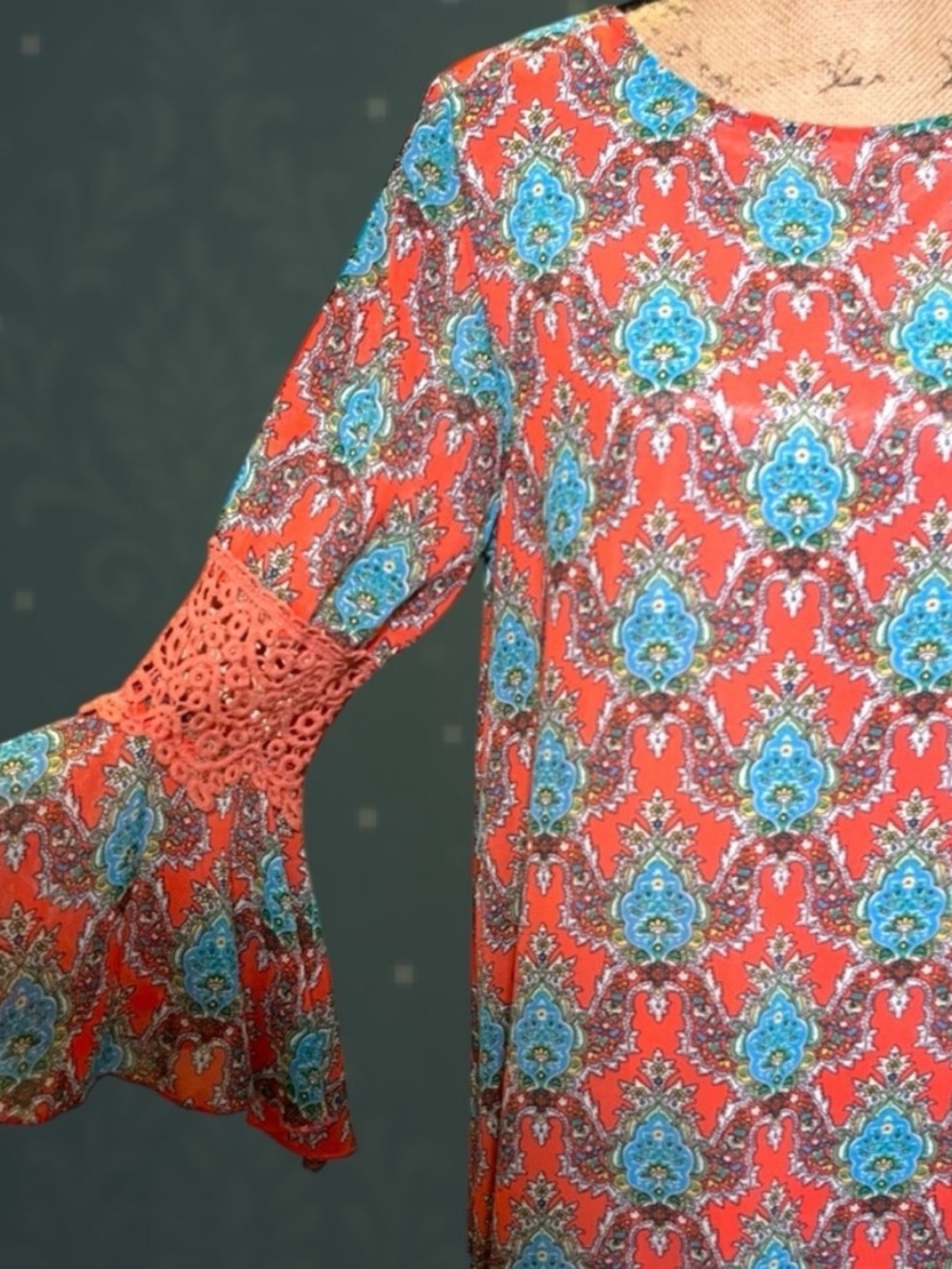 Lady Noiz Coral Paisley Boho Dress Bell Sleeves Crochet Lace Small - Picture 2 of 15